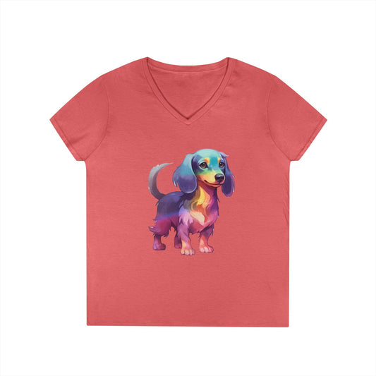Dachshund Mom V-Neck T-Shirt — Colorful Watercolor Sausage Dog Tee