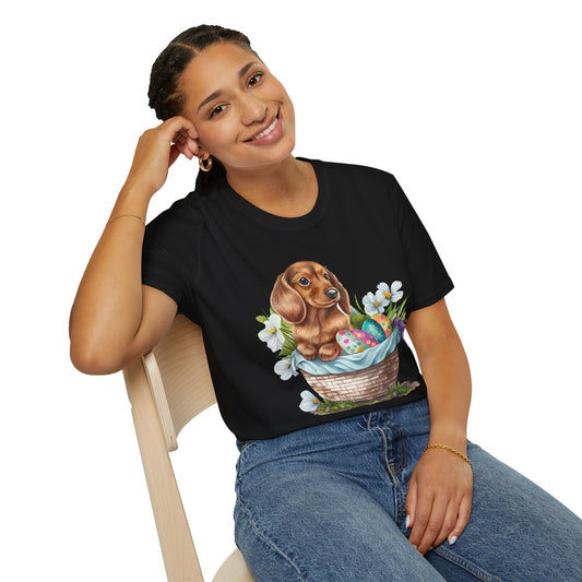 Easter Dachshund T-Shirt — Cute Puppy in Spring Basket Graphic Tee