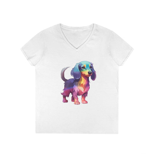 Dachshund Mom V-Neck T-Shirt — Colorful Watercolor Sausage Dog Tee